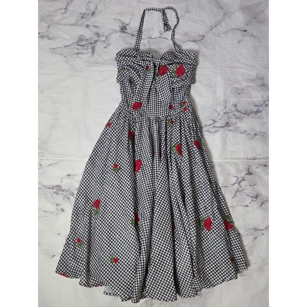 Unique Vintage 'Golightly' Rose Embroidered Black/White Gingham Sundress